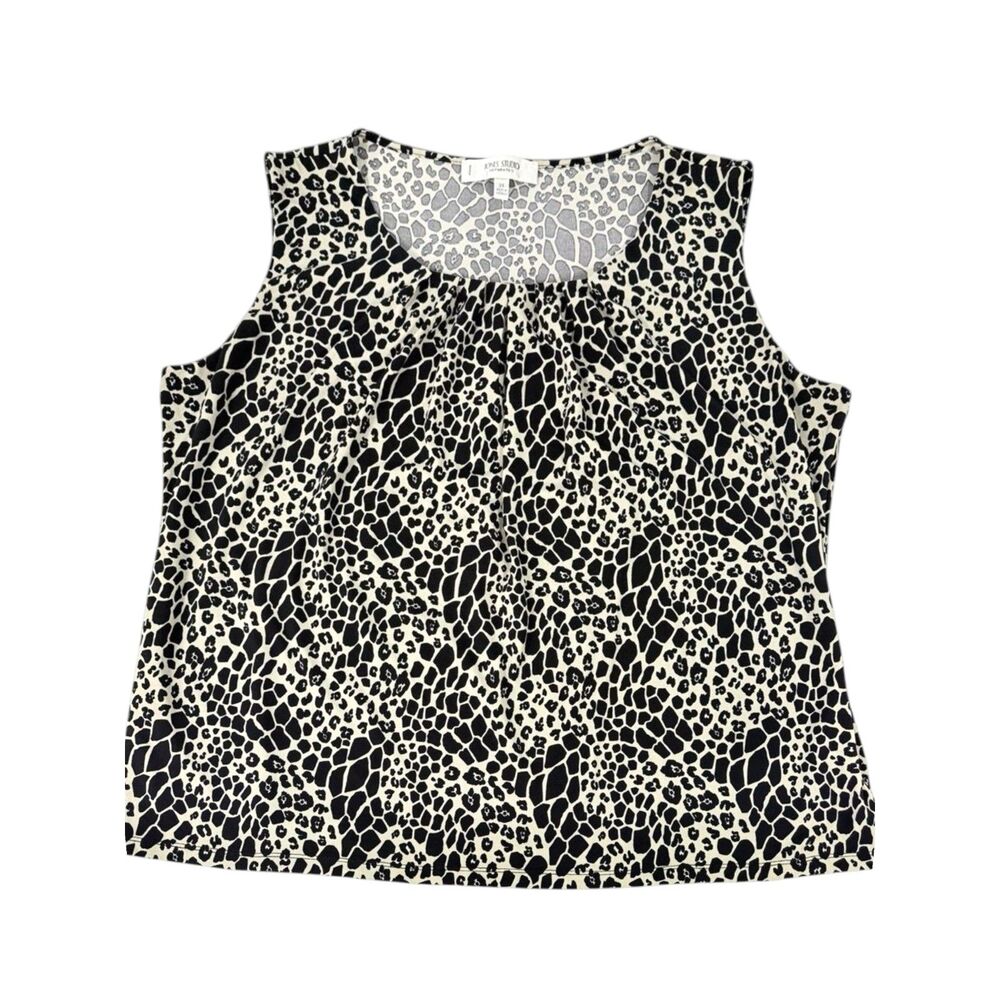 Jones Studio Animal Print Sleeveless Tank Top Pleated Neck Black White Women 2X